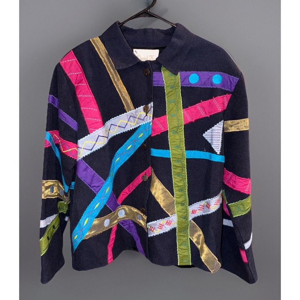 Vintage Daniel K New York Colorful Embroidered Jacket Sz L Wearable Art!